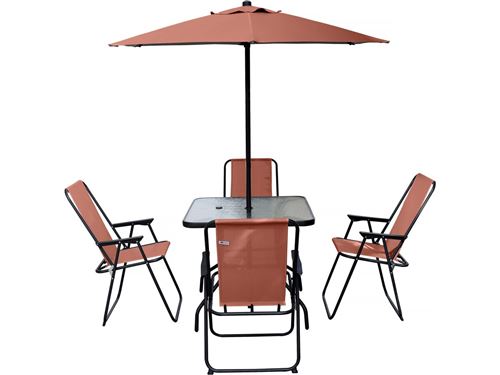 HABITAT ET JARDIN Table et chaises de jardin avec parasol en m&eacute;tal ""Convivia"" - 4 places - Terracotta