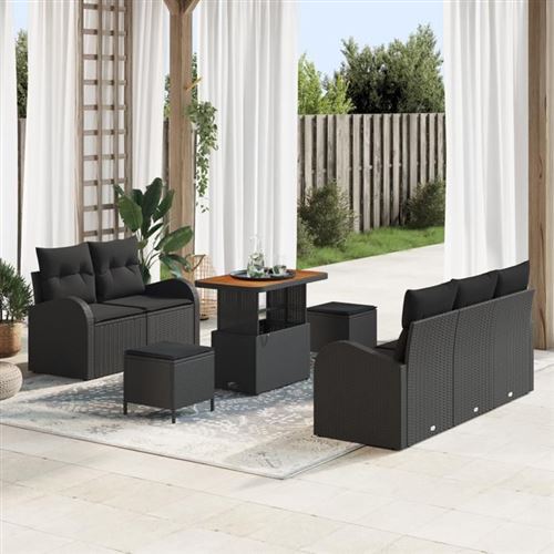 Vidaxl Noir Ensemble De Canapé De Jardin 8 Pièces Avec Coussins Poly Rotin Acacia 3362339 - Image 2