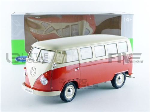 Voiture Miniature de Collection WELLY 1-18 - VOLKSWAGEN Combi T1 Bus Window Van - 1963 - Rouge / Blanc - 18054R
