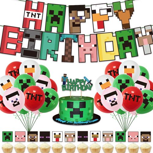 46 pièces Décorations de Fête pour enfants FONGWAN Thème Minecraft Bannière Ballon Cupcake Topper