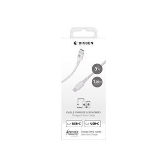 BIGBEN Connected - Câble USB - 24 pin USB-C (M) pour 24 pin USB-C (M) - 3 A - 1.2 m - USB Power Delivery (60W), plastique recyclé à 100 %, connecteurs réversibles - blanc