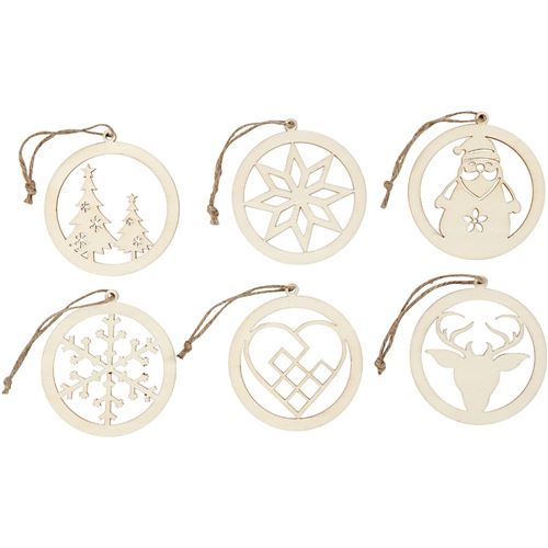 Creotime boules de Noël en bois 8 cm blanc 6 pièces