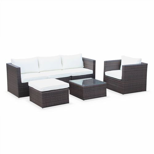 Salon de jardin résine tressée - Benito Marron - Coloris chocolat coussins écrus structure aluminium canapé d'extérieur 6 éléments 5 places