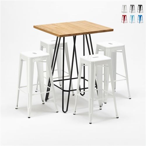AHD Amazing Home Design - Ensemble de table haute et 4 tabourets en métal style Tolix Brooklyn pour Bars et Pubs, Couleur: Blanc