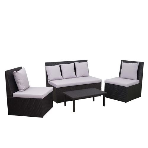 Garniture en polyrotin HWC-G16, canapé 2 places, table d'appoint, 2x fauteuil ~ noir, coussin gris clair