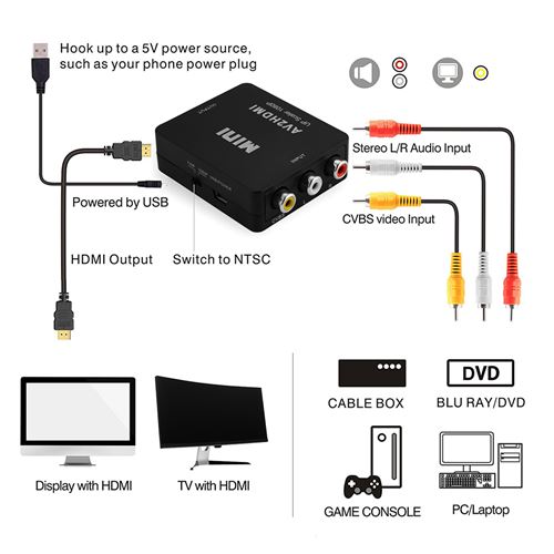 RCA Composite CVBS AV vers HDMI Audio Vidéo Adaptateur HD Convertisseur  Boîte NTSC / PAL Commutateur AC1368 - Connectique Audio / Vidéo