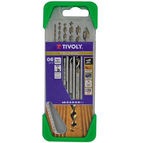 Coffret de 6 foret Bois Gradués Ø2-3-4-5-6-8mm TIVOLY Acier HSS Perçage très précis bois durs ipé, teck, chêne GOLD