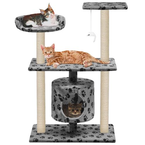 Meilleurs prix pour Arbre à chat griffoir grattoir niche jouet animaux peluché en sisal 95 cm gris motif de pattes