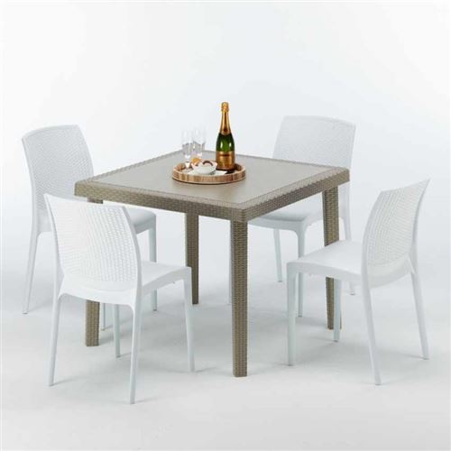 Table carrée beige + 4 chaises colorées Poly rotin synthétique ELEGANCE, Chaises Modèle: Boheme Blanc