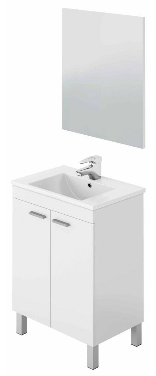 Meuble salle de bain Sous-vasque 60 cm avec 2 portes + Miroir coloris blanc brillant - H80 x Longueur 60 x Profondeur 45 cm