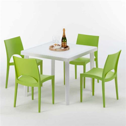 Table Carrée Blanche 90x90cm Avec 4 Chaises Colorées Grand Soleil Set Extérieur Bar Café Paris Love, Couleur: Vert