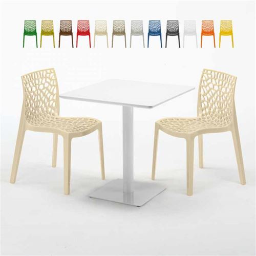 Table carrée 70x70 blanche avec 2 chaises colorées Gruvyer Meringue, Couleur: Beige