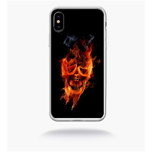 Coque crane en feu fire skull compatible apple iphone x bord transparent