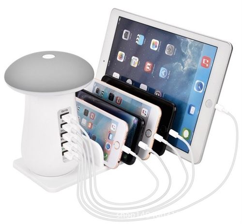 Station de Charge USB. 5 ports USB Organisateur de Quick Chargeur avec Champignon LED Lampe de bureau pour Apple Samsung Tablettes