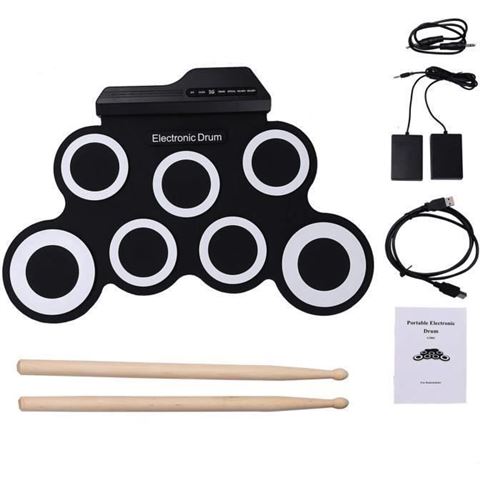 Batterie électronique, portable électronique Roll Up Tambour, Tambour Pliante Portative avec Pédales et Baguettes pour Enfants,blanc