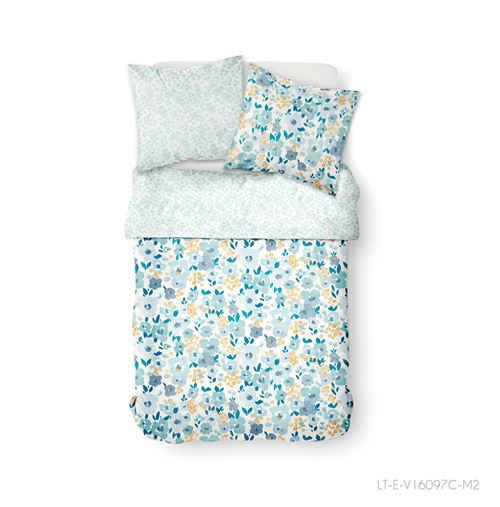Parure de lit 2 personnes 240X260 Coton imprime bleu Floral SUNSHINE