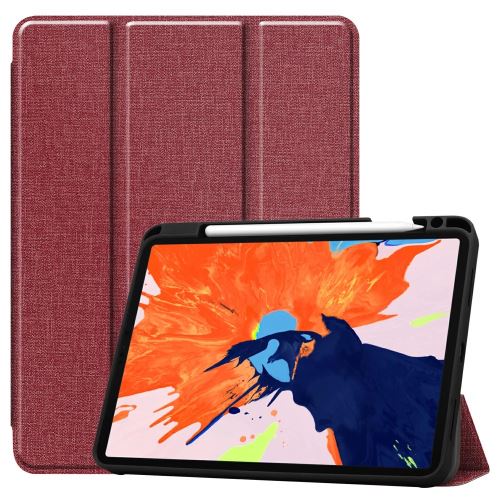 Etui en PU + TPU trois plis en jean avec support et porte-stylo rouge vin pour votre Apple iPad Pro 12.9 pouces (2020)