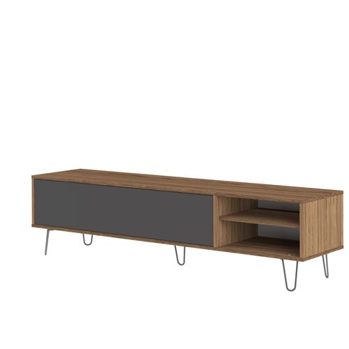 Meuble TV bas en bois avec 1 abattant, 2 niches et pieds métal L165 cm AERO - Noyer