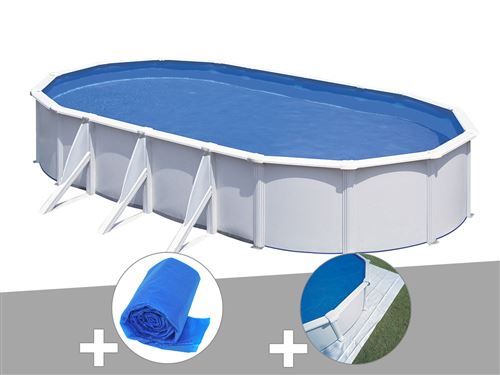 Kit piscine acier blanc Gré Fidji ovale 5,27 x 3,27 x 1,22 m + Bâche à bulles + Tapis de sol