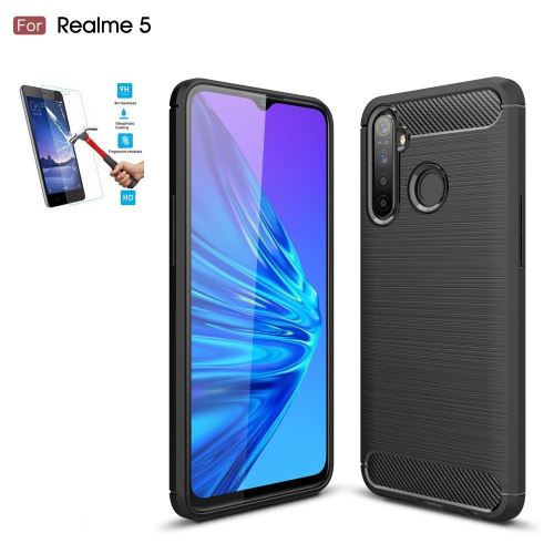 Coque OPPO Realme 5 Carbone Noir Avec Film Verre Trempé Housse Etui En Silicone Gel Souple hfs-house®