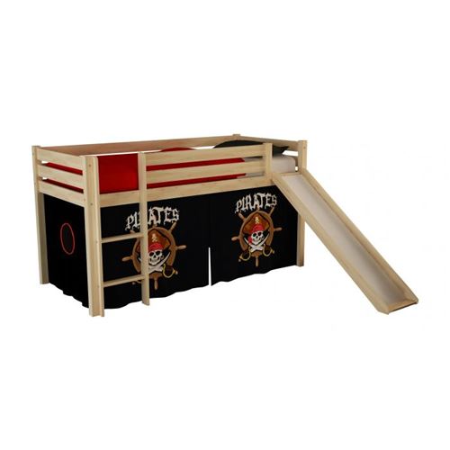 PINO Lit Compact avec Toboggan Pin Massif Nature + Rideau de lit Pirate