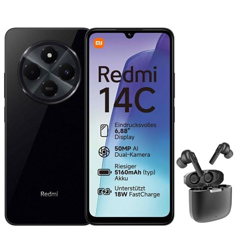 Smartphone Xiaomi Redmi 14C 6,88 Double SIM 256 Go Noir + Ecouteurs sans fil Bluetooth