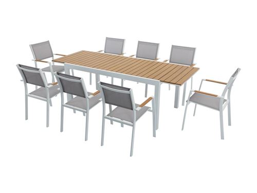 Salle à manger de jardin en aluminium et polywood : une table extensible L.170 / 230 cm et 8 fauteuils empilables - Naturel clair et gris - MACILA de 