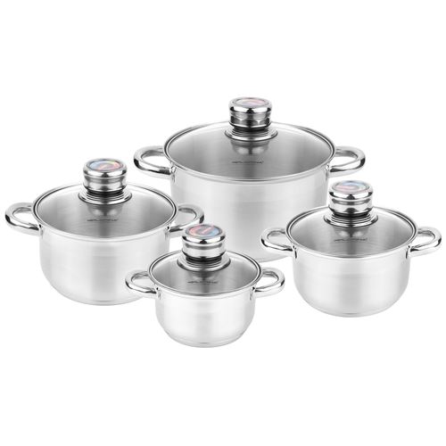 Batterie de Cuisine Induction Acier Inoxydable 4 pcs 4 Couvercles Verre Trempé, Florina, Pablo, , Argent