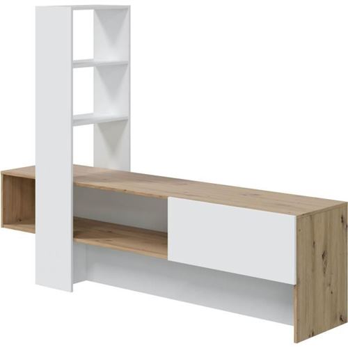 Meuble TV LISS - Mélaminé blanc et chêne - 1 Porte abattante + 1 étagère - L178 x P43 x H136 cm