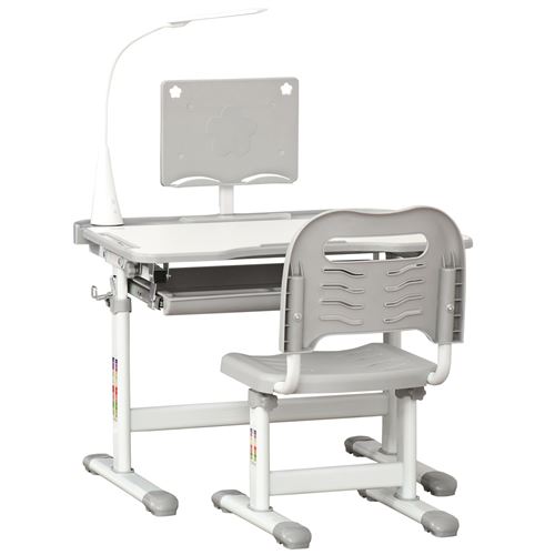 HOMCOM Bureau enfant avec chaise - ensemble bureau et chaise réglable - lampe, support de lecture, tablette coulissante multi-rangement - gris blanc