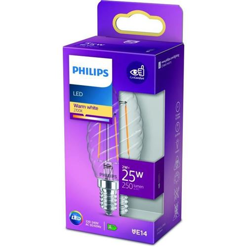 PHILIPS LED Classic 25W Flamme Torsad&eacute;e E14 Blanc Chaud Non Dimmable
