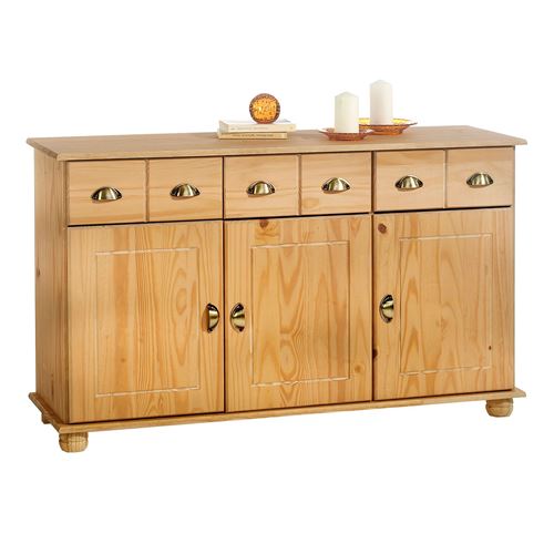 Buffet COLMAR en pin massif, 3 tiroirs et 3 portes, finition teintée et cirée