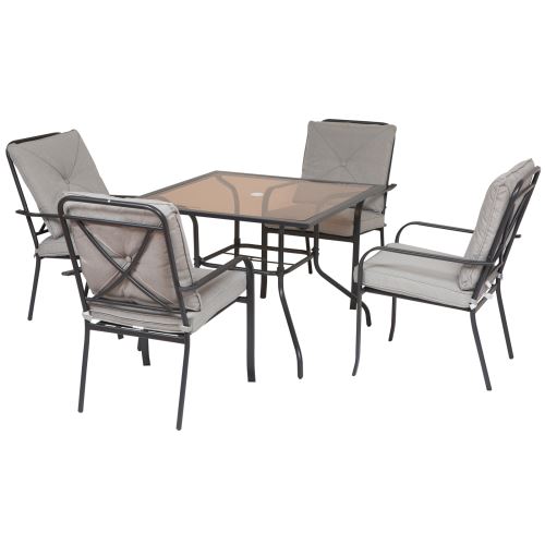 Ensemble de jardin 4 pers. coussins déhoussables fournis table plateau verre trempé 5 mm métal époxy noir polyester gris