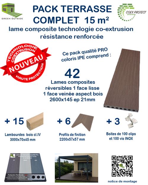 Pack complet 15 m² lame de terrasse Coex Protect® coloris IPE - Green Outside - P15LTCE2600IPE