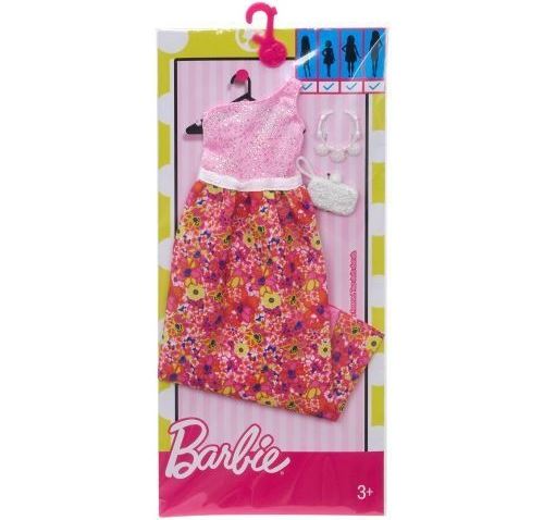 Barbie - robe de soiree rose a fleurs avec sac a main et collier blanc - poupee et mini-poupee