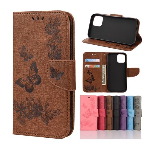 Etui en PU empreinte fleur papillon marron pour votre Apple iPhone 12 Pro Max 6.7 pouces
