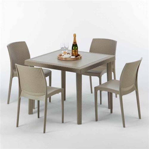 Table carrée beige + 4 chaises colorées Poly rotin synthétique ELEGANCE, Chaises Modèle: Boheme Beige Juta