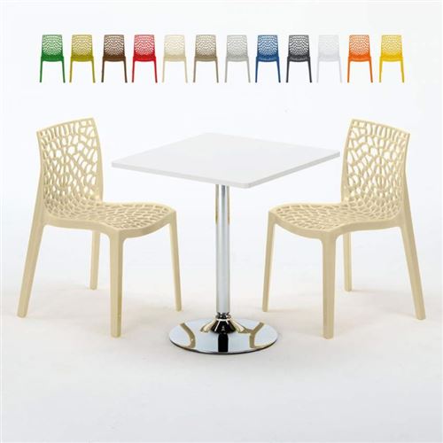 Table Carrée Blanche 70x70cm Avec 2 Chaises Colorées Grand Soleil Set Intérieur Bar Café Gruvyer Cocktail, Couleur: Beige