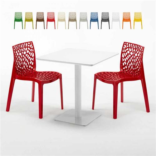 Table carrée 70x70 blanche avec 2 chaises colorées Gruvyer Meringue, Couleur: Rouge