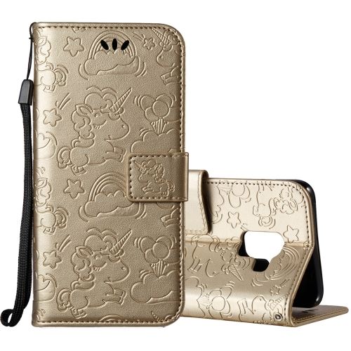 Galaxy A7 (2018) Housse Etui Cuir PU Gravé Licorne Mignonne Doré ALS51539