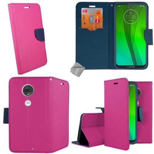 Housse etui coque pochette portefeuille pour Motorola Moto G7 Plus avec verre trempe - ROSE / BLEU