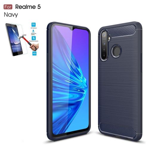Coque OPPO Realme 5 Carbone Bleu Avec Film Verre Trempé Housse Etui En Silicone Gel Souple hfs-house®
