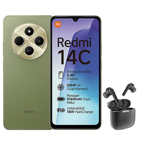 Smartphone Xiaomi Redmi 14C 6,88 Double SIM 256 Go Vert + Ecouteurs sans fil Bluetooth