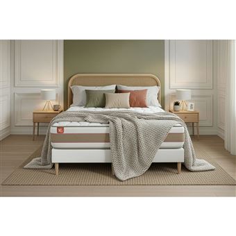 Matelas 200 x 200 cm Le Délicat - Ressorts ensachés - Ep : 26 cm - sommier Blanc avec 2 oreillers et couette - 1