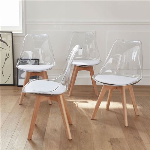 36€ sur Lot de 4 chaises scandinaves - Lagertha - pieds bois fauteuils 1  place coussin blanc coque transparente - Achat & prix