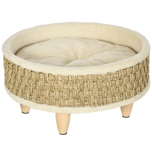 Canapé panier lit chien chat style cosy naturel - coussin inclus - dim. Ø 48 x 24,5H cm - bois pin jonc de mer