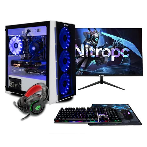 PC Gamer complet Nitropc Pack Silver - AMD Ryzen 5 5500, GTX 1650 4GB, RAM 16GB, M.2 1TB, Win11, WiFi - Écran 24" FullHD et accessoires