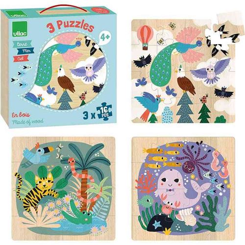 Coffret 3 Puzzles 16 Pcs Terre - Mer - Ciel Vilac