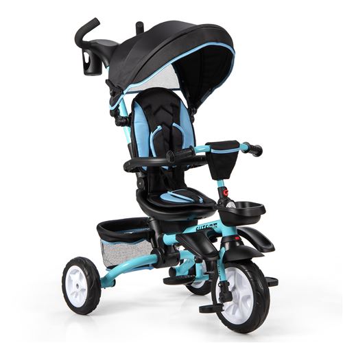 tricycle évolutif giantex bleu 110cm x 58cm x 57cm pour bébé de 12 à 50 mois 6 en 1 siège twist 360°avec housse de pluie