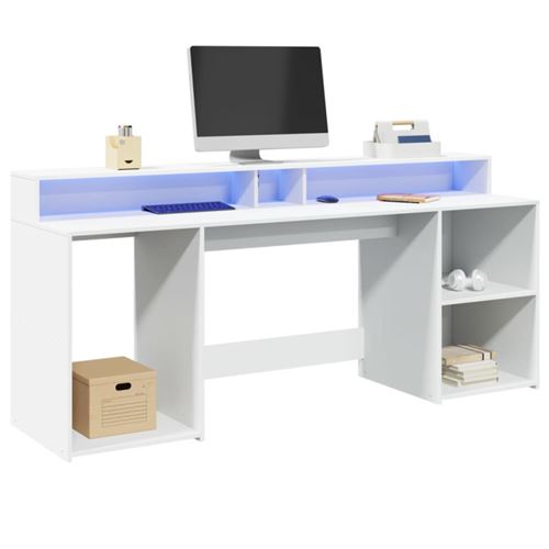 Bureau avec lumières LED blanc 200x55x91 cm bois d ingénierie